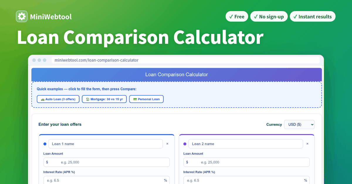 Loan Comparison Calculator - Compare Up to 4 Loans by Payment, APR &amp; Total Cost