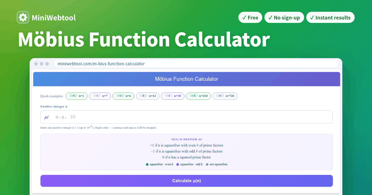 Function Calculator Visualized Möbius Function Calculator μ(n) - Squarefree Check & Prime Factorization