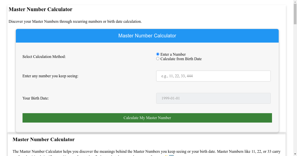 Master Number Calculator & Birth Date Analysis