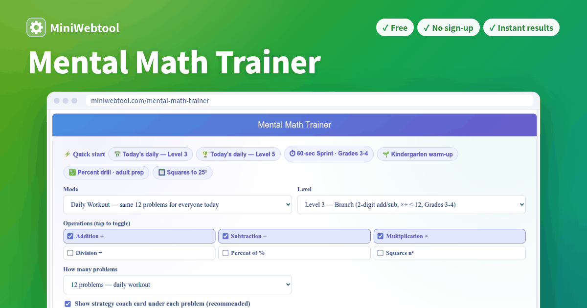 Free Mental Math Trainer - Daily Arithmetic Drills by Level