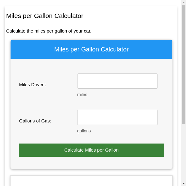 Miles per Gallon Calculator