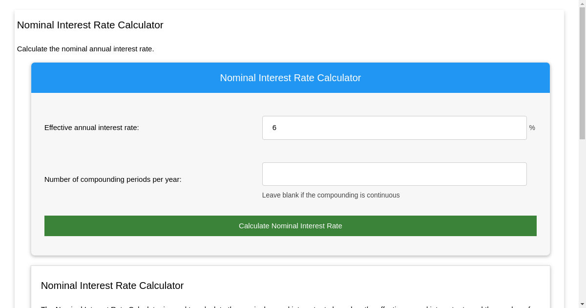 nominal rate of return calculator