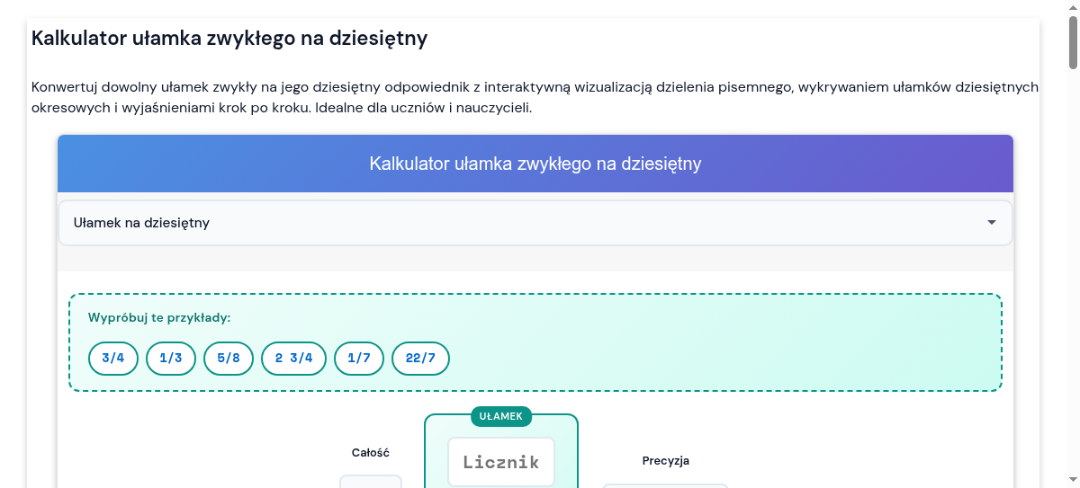 Kalkulator ułamków zwykłych na dziesiętne - Konwersja z ułamków