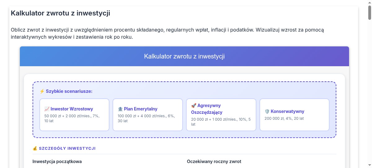 kalkulator zwrotu z inwestycji