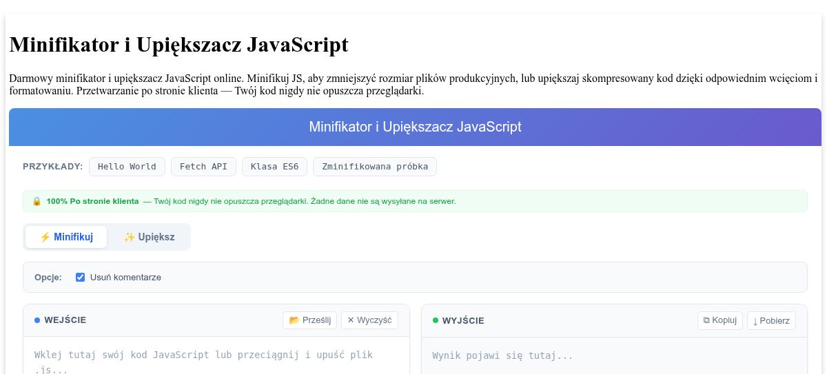 Minifikator i Upiększacz JavaScript - Minifikuj lub Upiększaj Kod JS Online