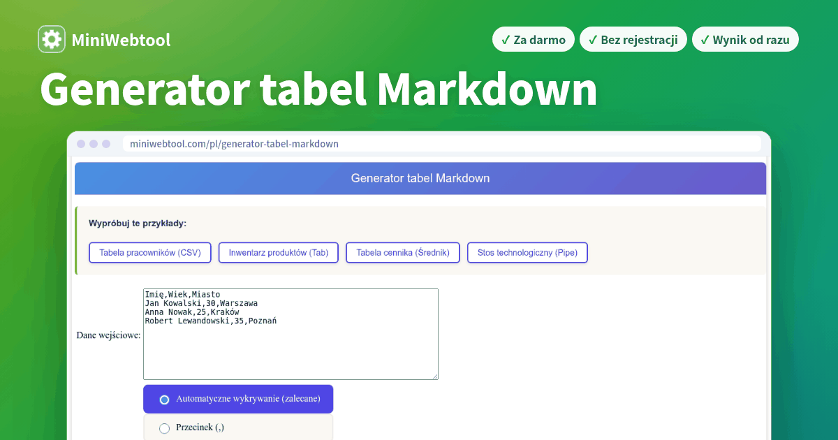 Generator tabel Markdown - Konwertuj CSV na tabele Markdown online
