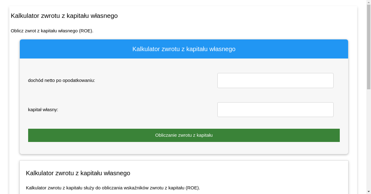 Kalkulator zwrotu z kapitału Obliczanie zwrotu z kapitału Oblicz