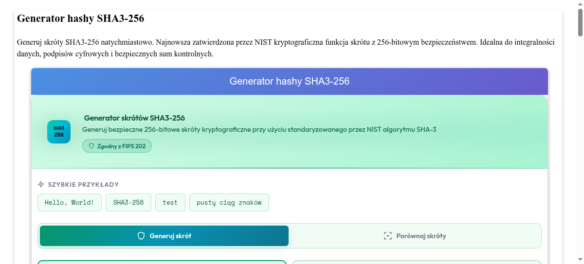 Generator hashy SHA3-256 - Bezpieczne haszowanie kryptograficzne online