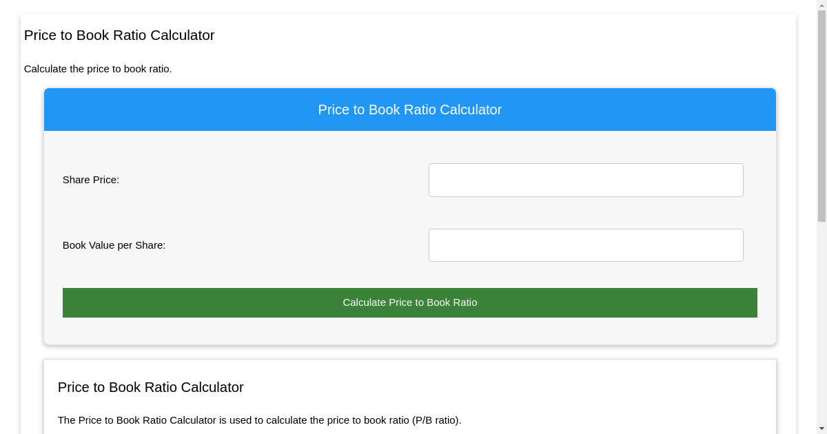 Price To Book Ratio Calculator - Calculate P/B Ratio