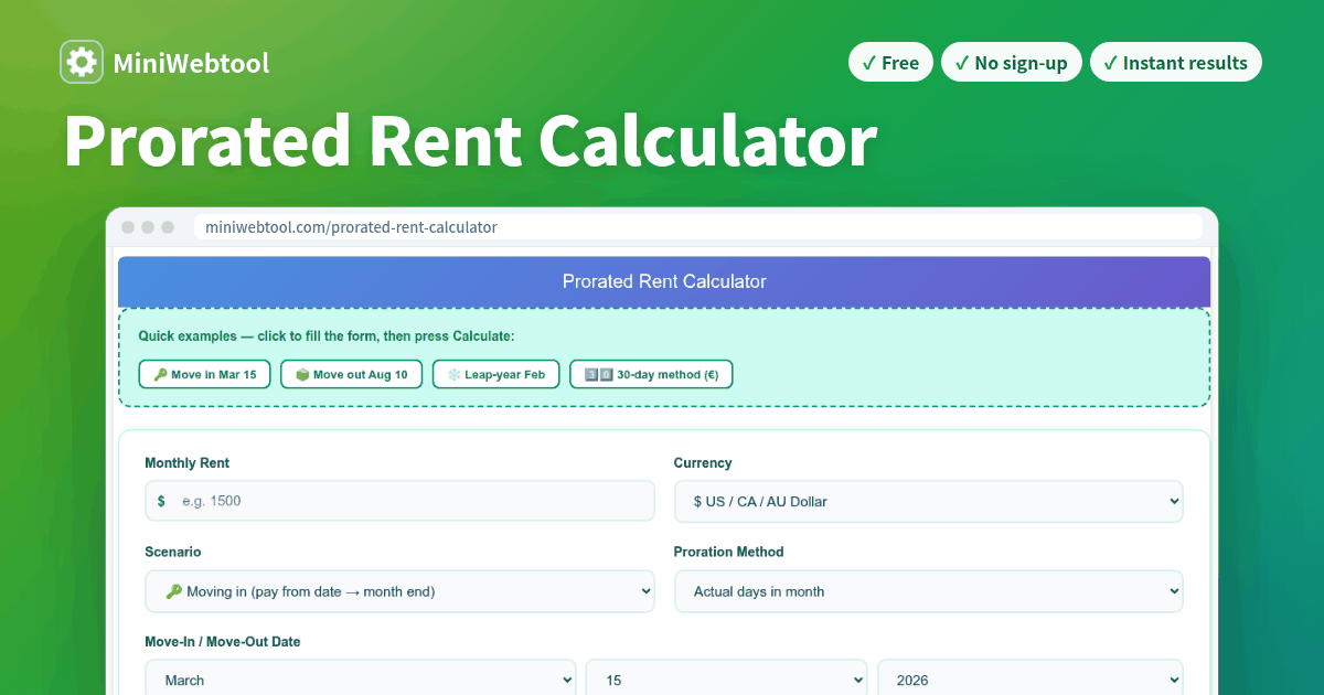 Prorated Rent Calculator - Partial Month Rent by Move-In / Move-Out Date