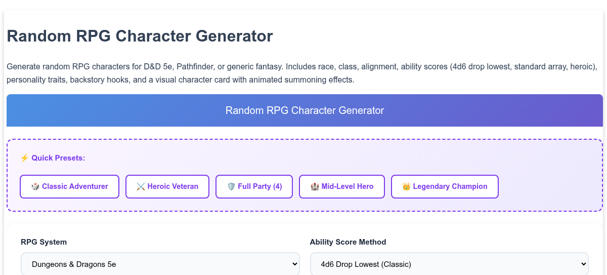 Random RPG Character Generator - D&D 5e Character Builder with Ability ...