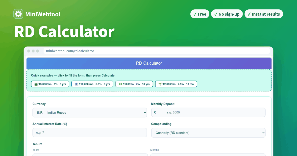 RD Calculator - Recurring Deposit Maturity Value (Quarterly Compounding)
