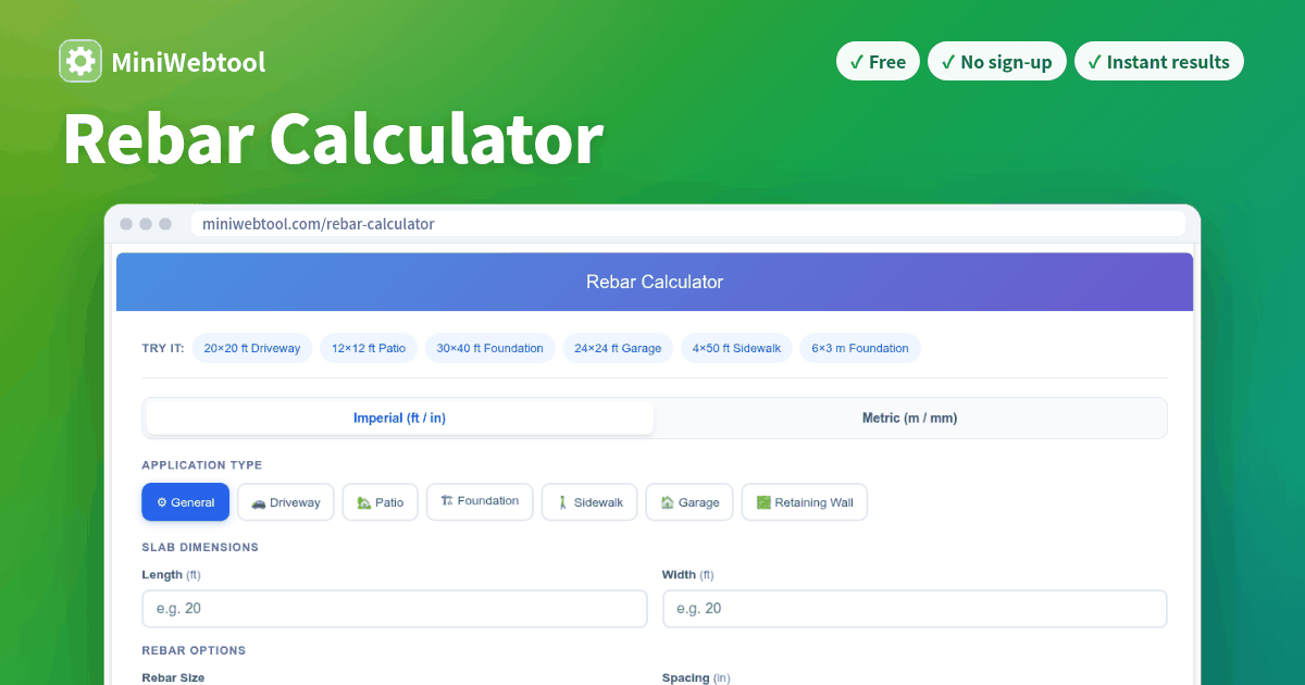 Rebare Number Rebar Calculator - Estimate Rebar Quantity, Spacing & Weight for Concrete