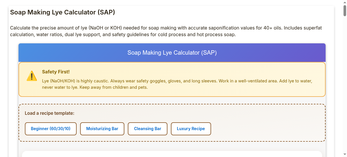 Soap Making Lye Calculator Precise NaOH/KOH Saponification Calculator