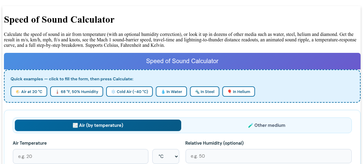 Speed of Sound Calculator - In Air by Temperature