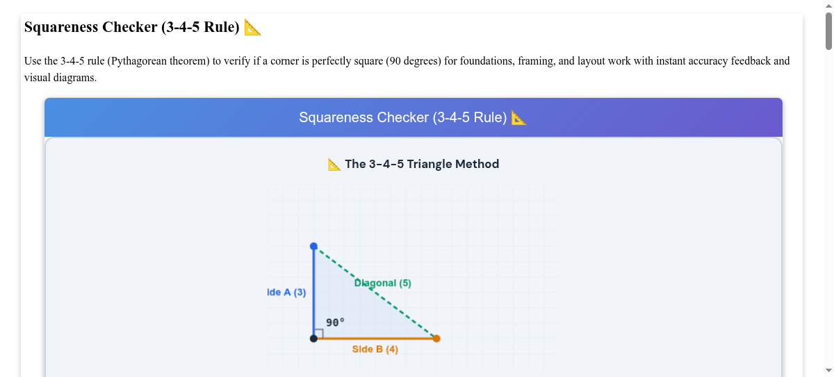 Squareness Checker - Verify 90° Corners Using 3-4-5 Rule