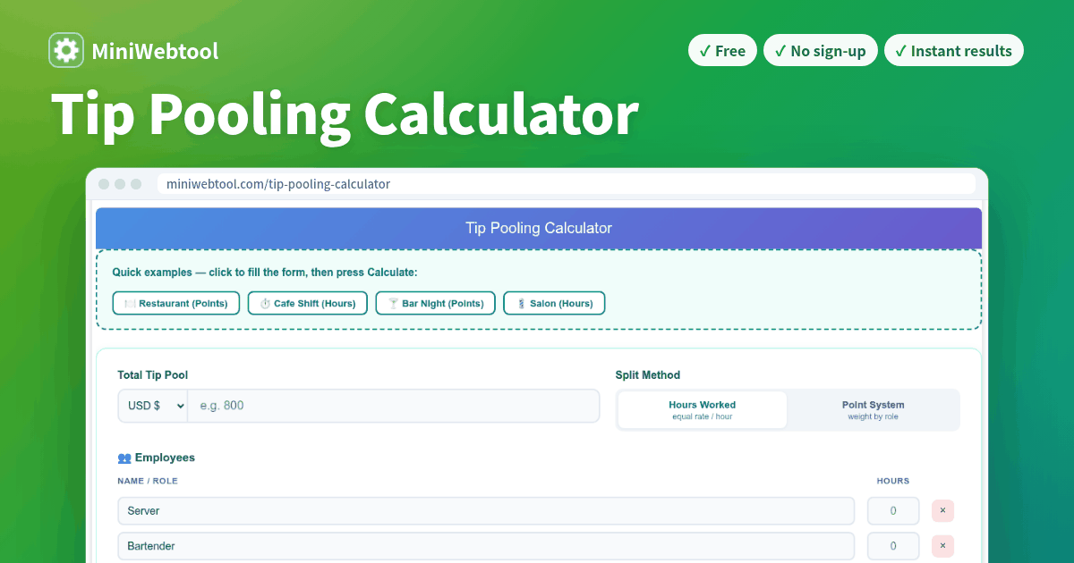 Pooling Point Chart Tip Pooling Calculator - Split Pooled Tips by Hours or Points
