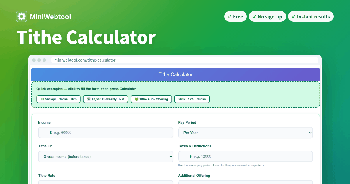 Tithe Calculator - Calculate 10% Tithe on Gross or Net Income