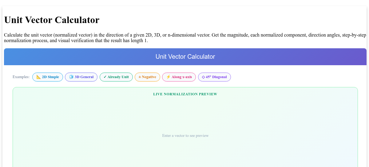 Example Data Vectorization Free Unit Vector Calculator - Normalize 2D or 3D, Steps