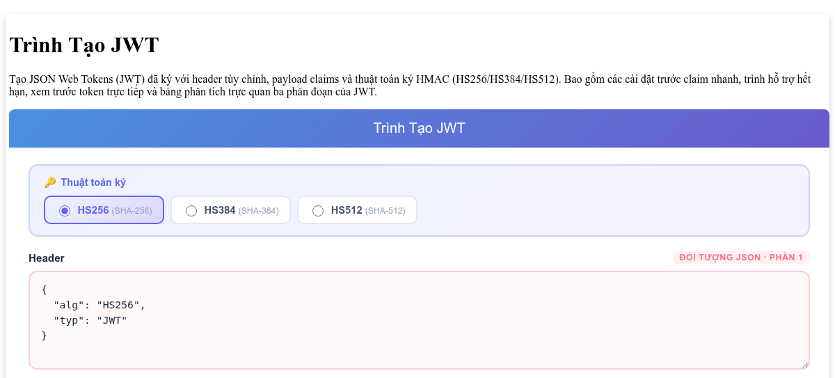 Trình Tạo JWT - Tạo JSON Web Tokens đã ký với HS256, HS384, HS512
