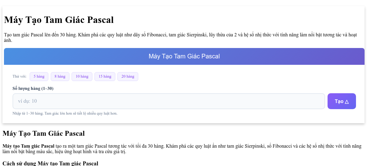Máy Tạo Tam Giác Pascal - Quy Luật, Đường Chéo & Hệ Số Nhị Thức