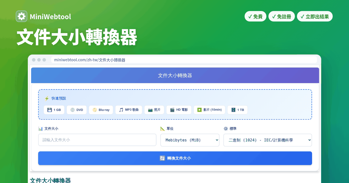 檔案大小轉換器 - KB、MB、GB、TB（1024 與 1000 雙標準）