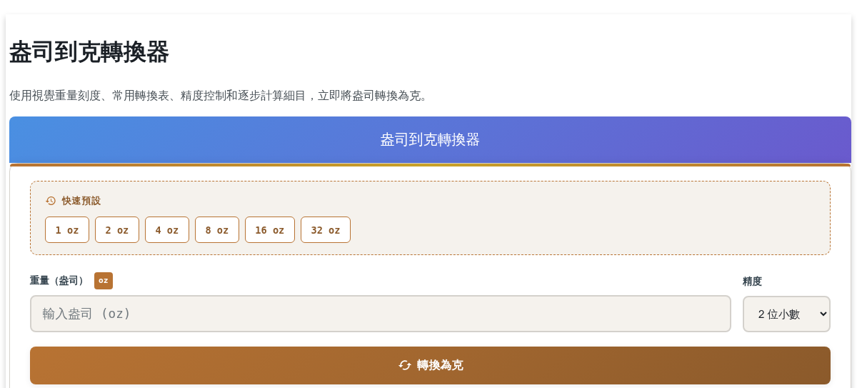 盎司到克轉換器 - 帶有視覺刻度的 oz 到 g 計算機