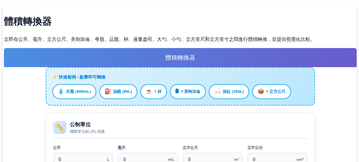 體積轉換器 - 公升、加侖、杯、毫升及更多單位轉換